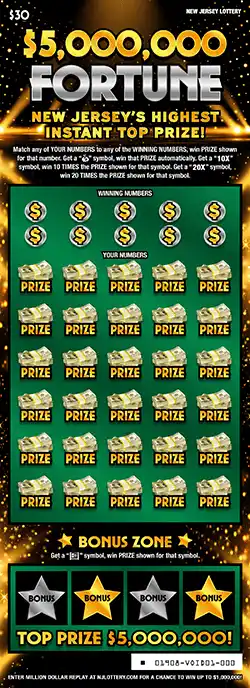 New Jersey Lottery $5,000,000 Fortune Scratch-Off Ticket