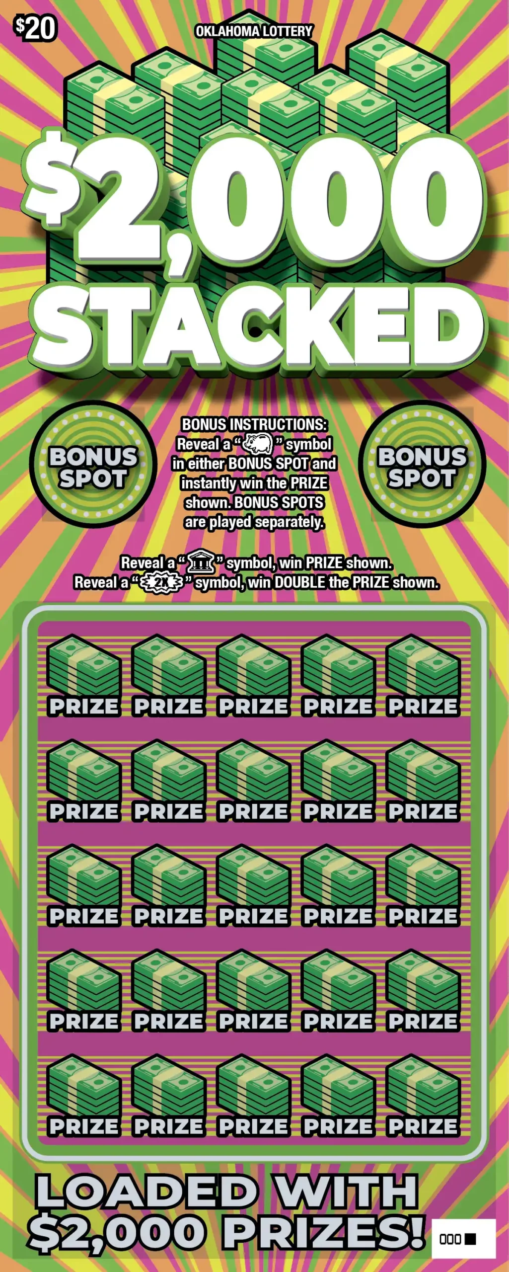 Oklahoma Lottery $2,000 Stacked Scratcher Ticket