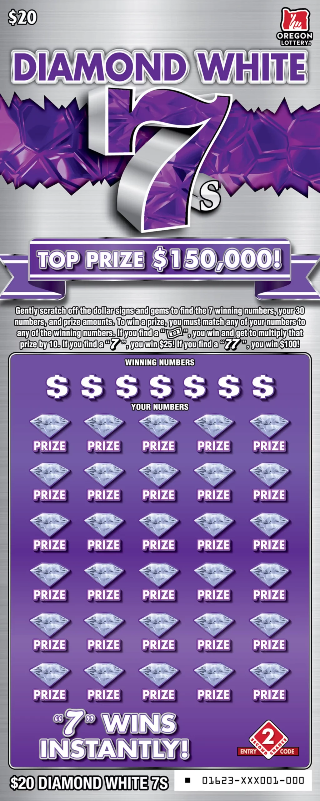 Oregon Lottery Diamond White 7s Scratcher Ticket