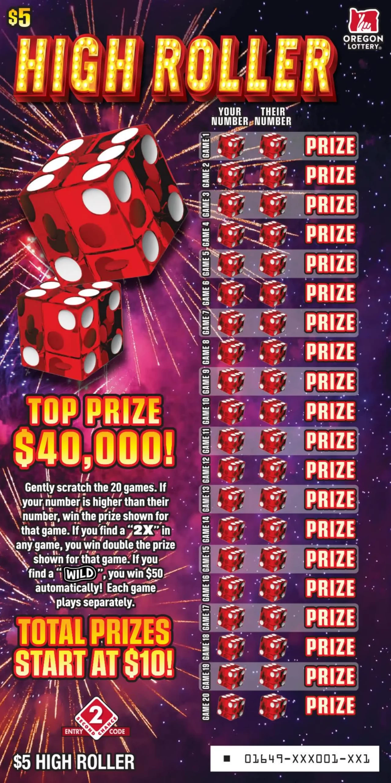 Oregon Lottery High Roller Scratcher Ticket