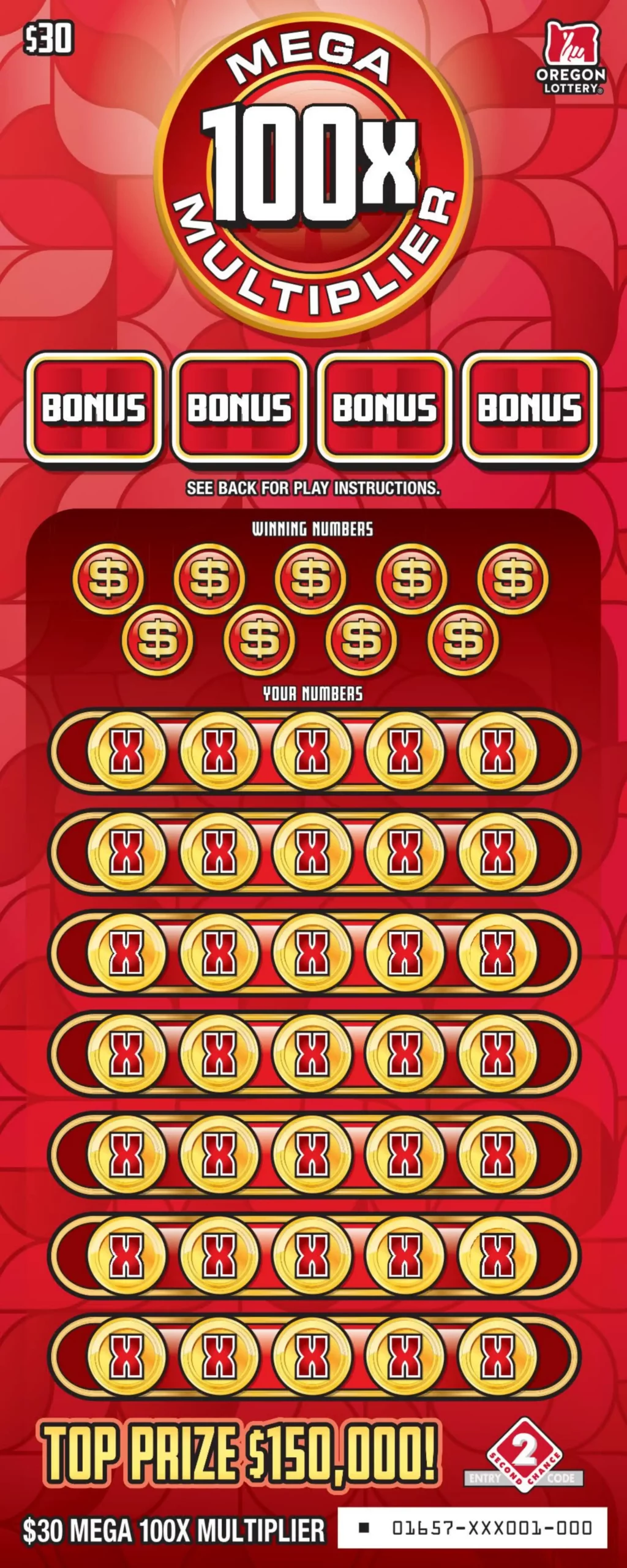 Oregon Lottery Mega 100X Multiplier Scratcher Ticket