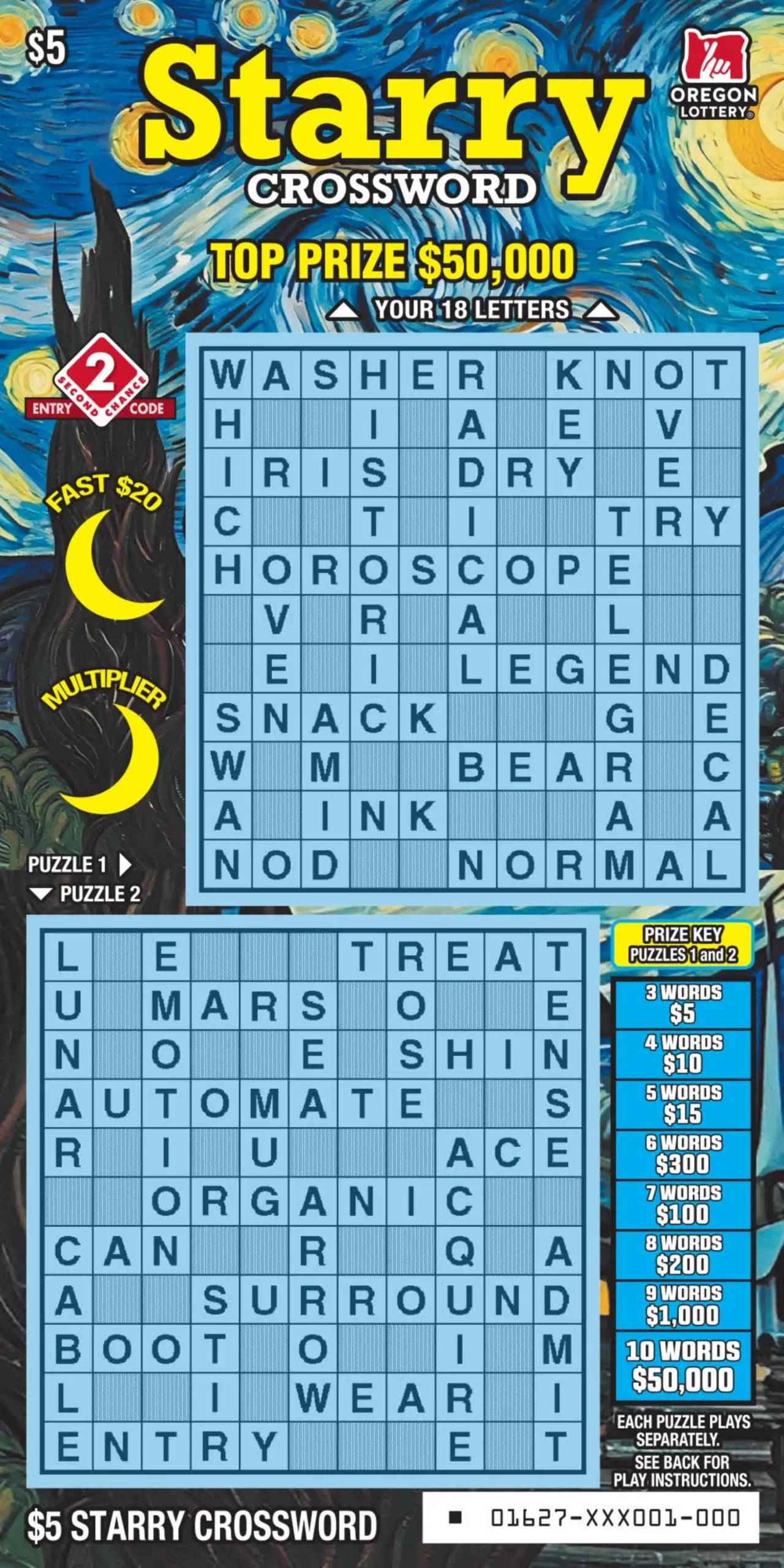 Oregon Lottery Starry Crossword Scratcher Ticket