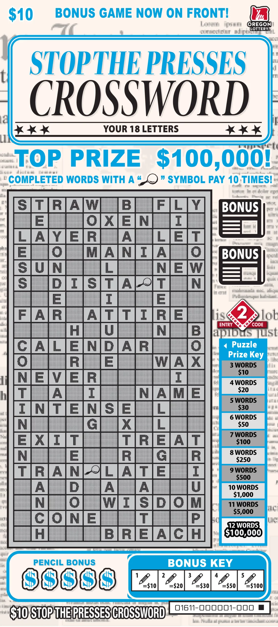 Oregon Lottery Stop the Presses Crossword Scratcher Ticket