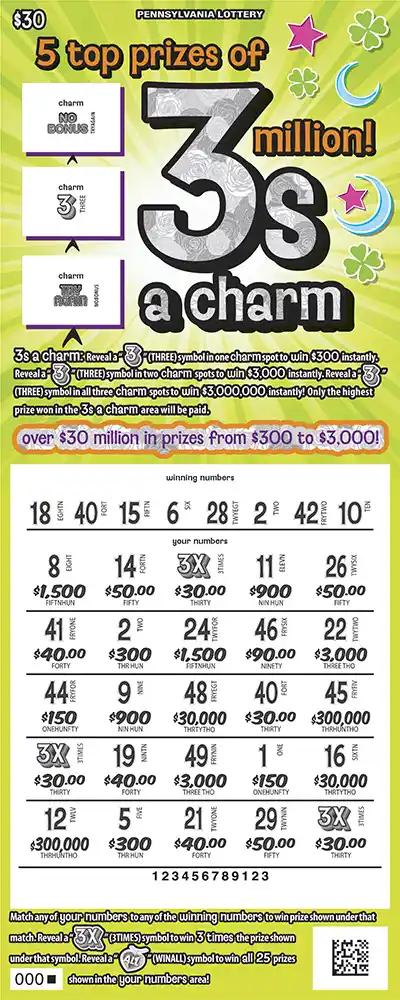 Pennsylvania Lottery 3s a Charm Scratch-Off Game