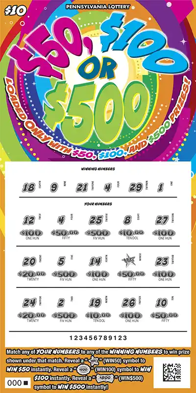 Pennsylvania Lottery $50, $100 or $500 Scratch-Off Game