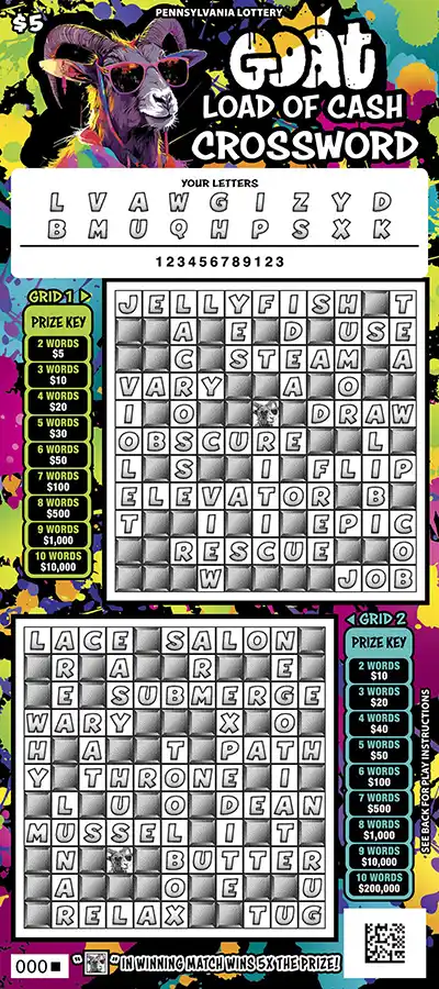 Pennsylvania Lottery Goat Load of Cash Crossword Scratch-Off Game