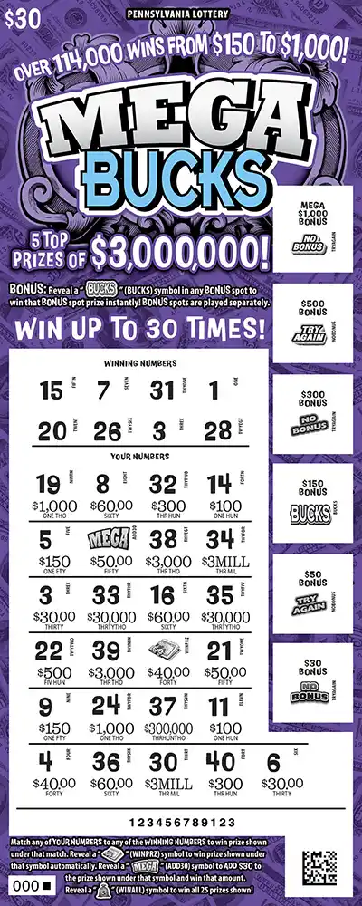 Pennsylvania Lottery Mega Bucks Scratch-Off Game