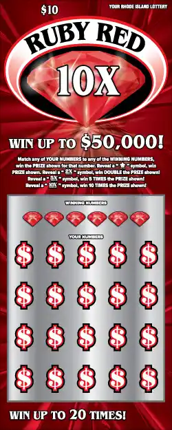 Rhode Island Lottery RUBY RED 10X Instant Ticket