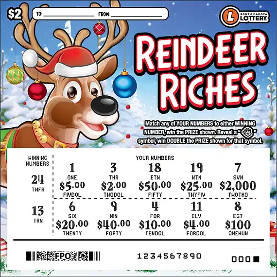 South Dakota Lottery REINDEER RICHES Scratch-Off Ticket