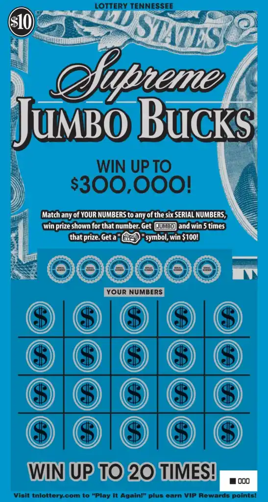 Tennessee Lottery Supreme Jumbo Bucks Scratch-Off Ticket