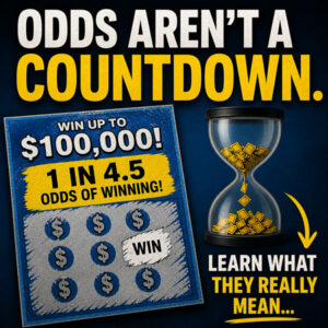 Hourglass counting down next to image of scratch-off ticket