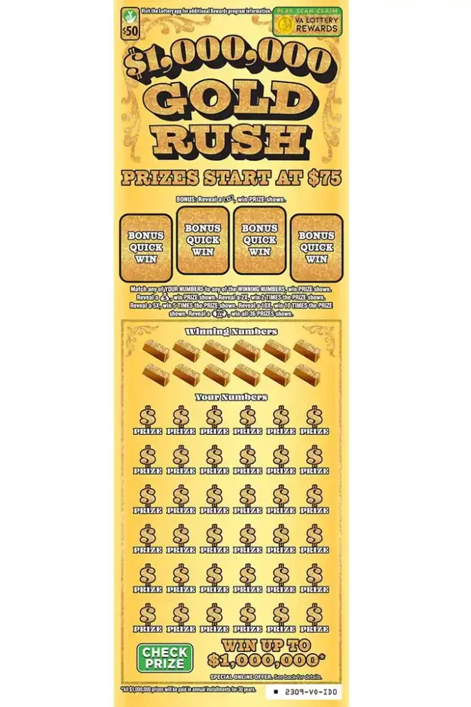 Virginia Lottery $1,000,000 GOLD RUSH Scratcher Ticket
