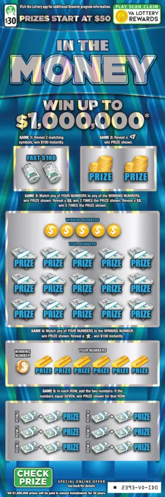 Virginia Lottery In The Money Scratcher Ticket
