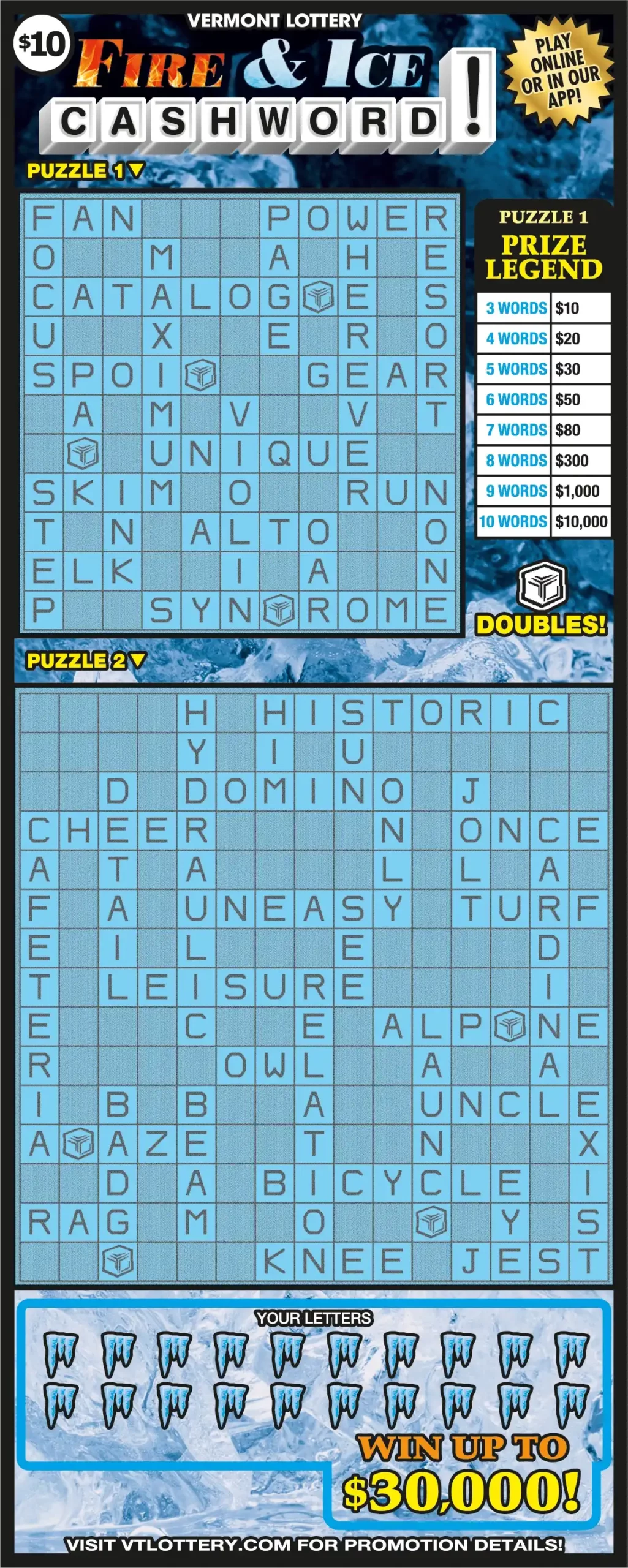 Vermont Lottery FIRE & ICE CASHWORD! Scratch-Off Game