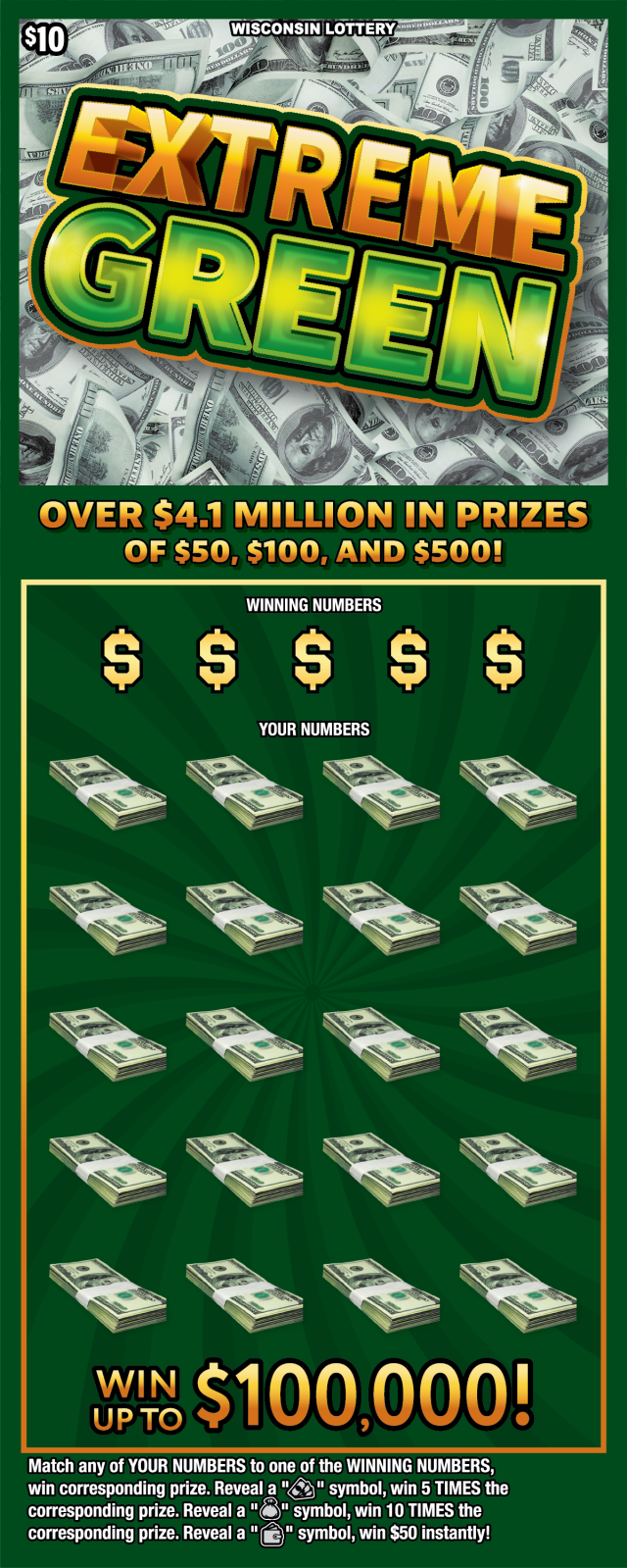 Wisconsin Lottery EXTREME GREEN Scratch-Off Game