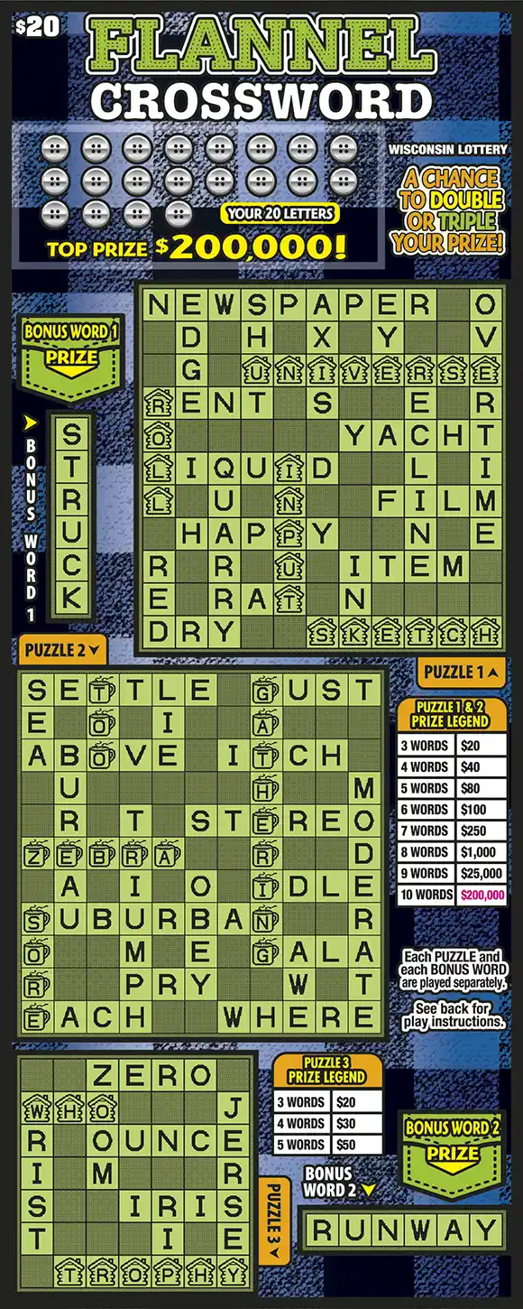 Wisconsin Lottery FLANNEL CROSSWORD Scratch-Off Game