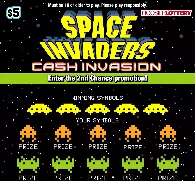 Hoosier Lottery SPACE INVADERS™ CASH INVASION Scratch-Off Game