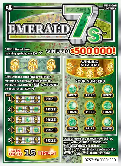Michigan Lottery Emerald 7s Scratch-Off Ticket