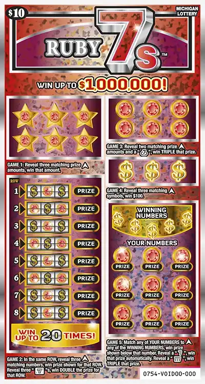 Michigan Lottery Ruby 7s Scratch-Off Ticket
