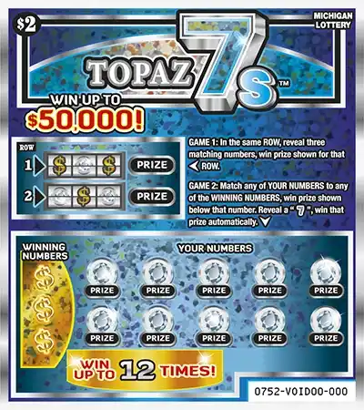 Michigan Lottery Topaz 7s Scratch-Off Ticket