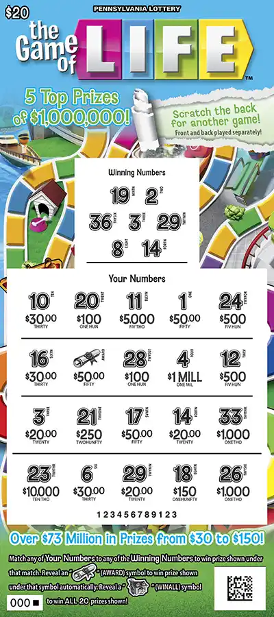Pennsylvania Lottery THE GAME OF LIFE Scratch-Off Game