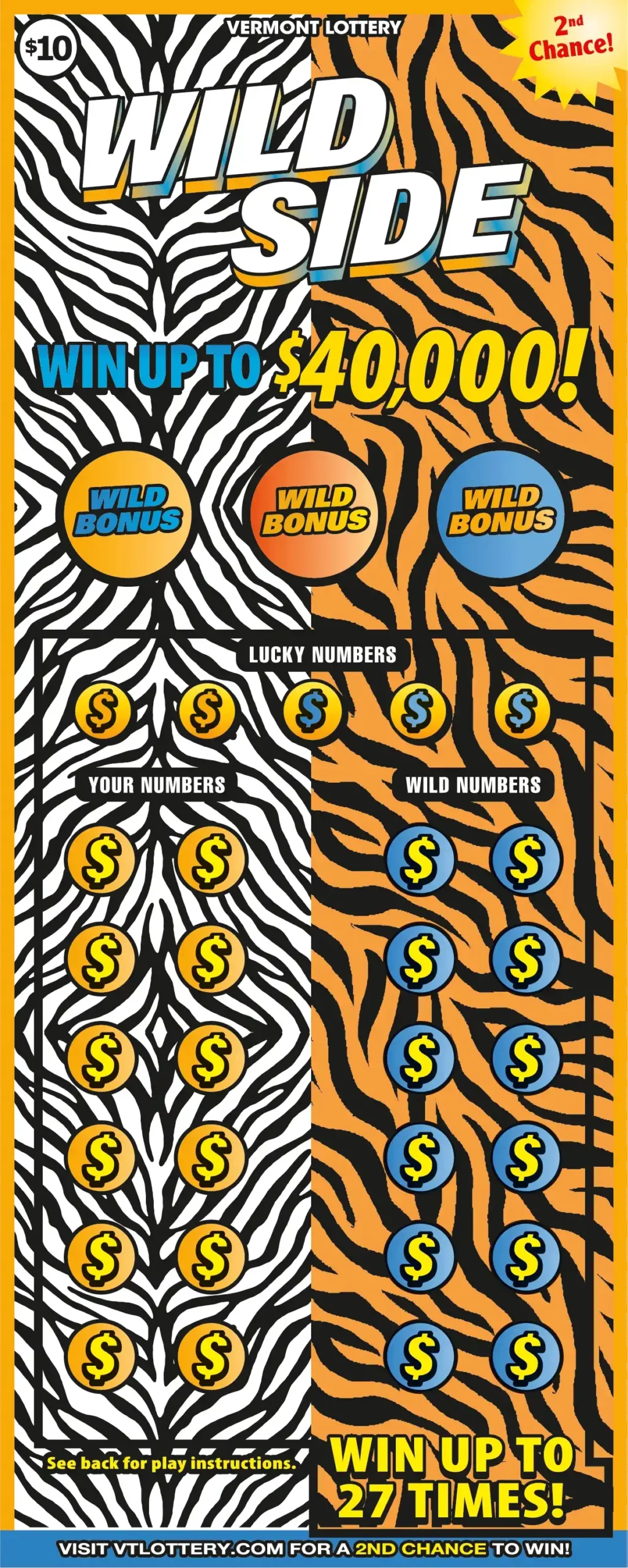 Vermont Lottery WILD SIDE Scratch-Off Game