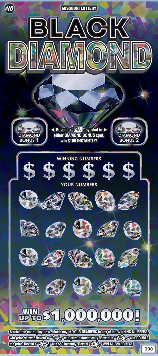 Missouri Lottery BLACK DIAMOND Scratcher Ticket