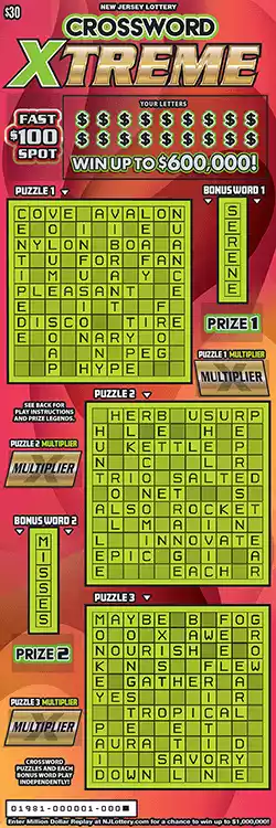 New Jersey Lottery Crossword Xtreme Scratch-Off Ticket