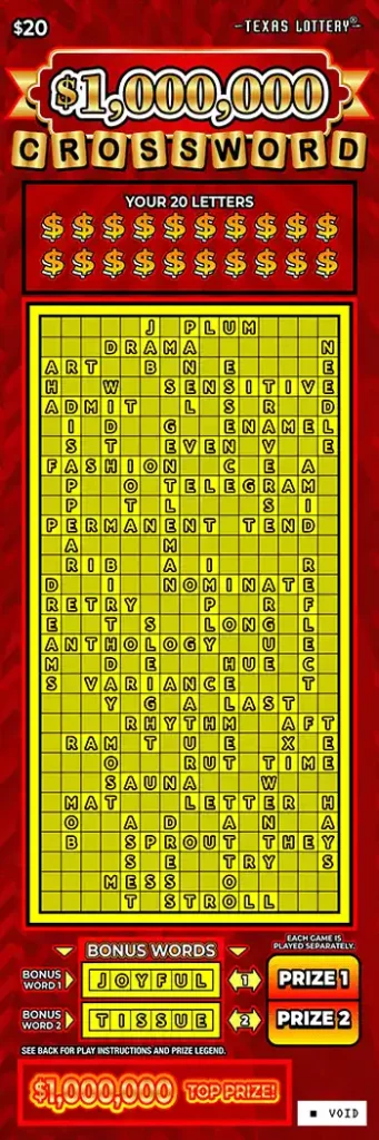 Texas Lottery $1,000,000 Crossword Scratch-Off Game