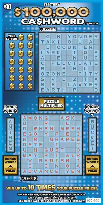 Connecticut Lottery $100,000 CA$HWORD 2nd Edition Scratch-Off Ticket