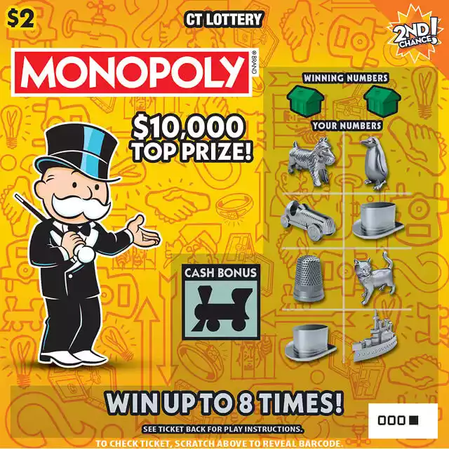Connecticut Lottery $2 MONOPOLY Scratch-Off Ticket