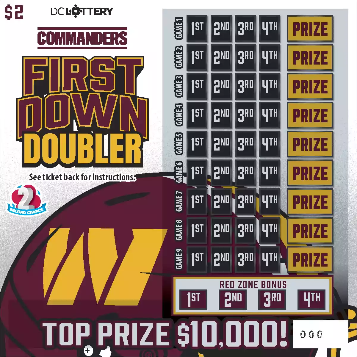 District of Columbia Lottery Commanders First Down Doubler Scratcher Game
