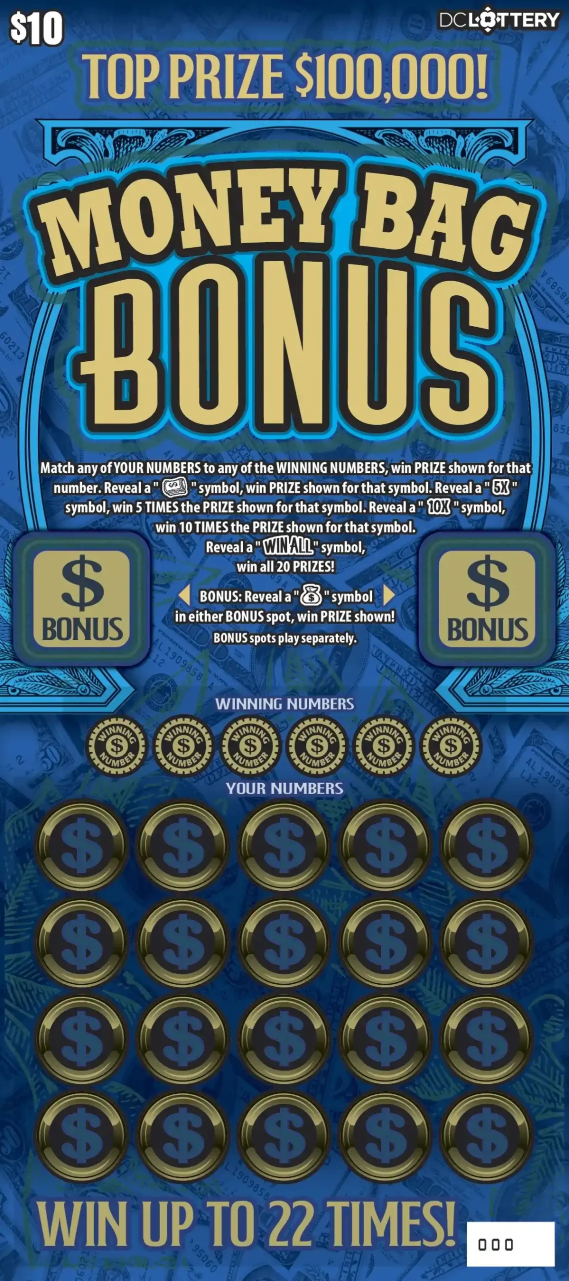 District of Columbia Lottery Money Bag Bonus Scratcher Game