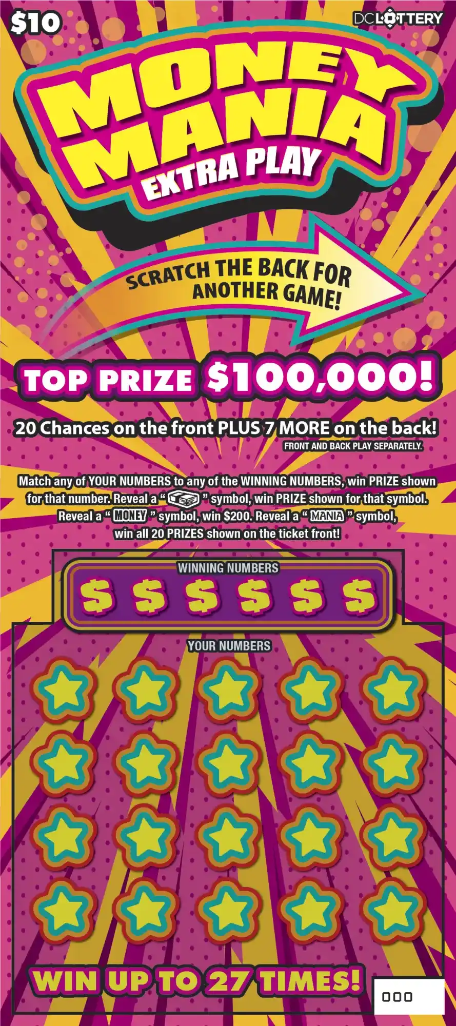 District of Columbia Lottery Money Mania Scratcher Game