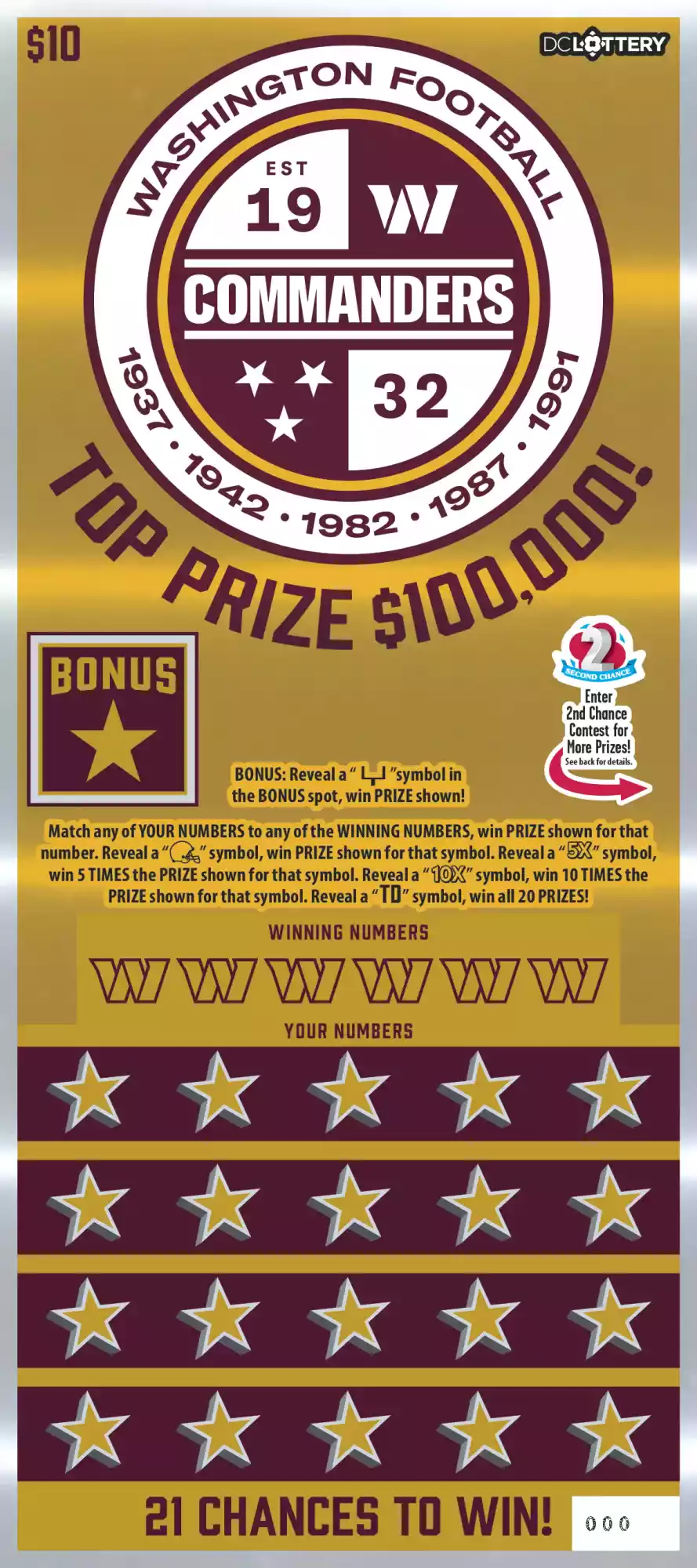 District of Columbia Lottery Washington Commanders Scratcher Game
