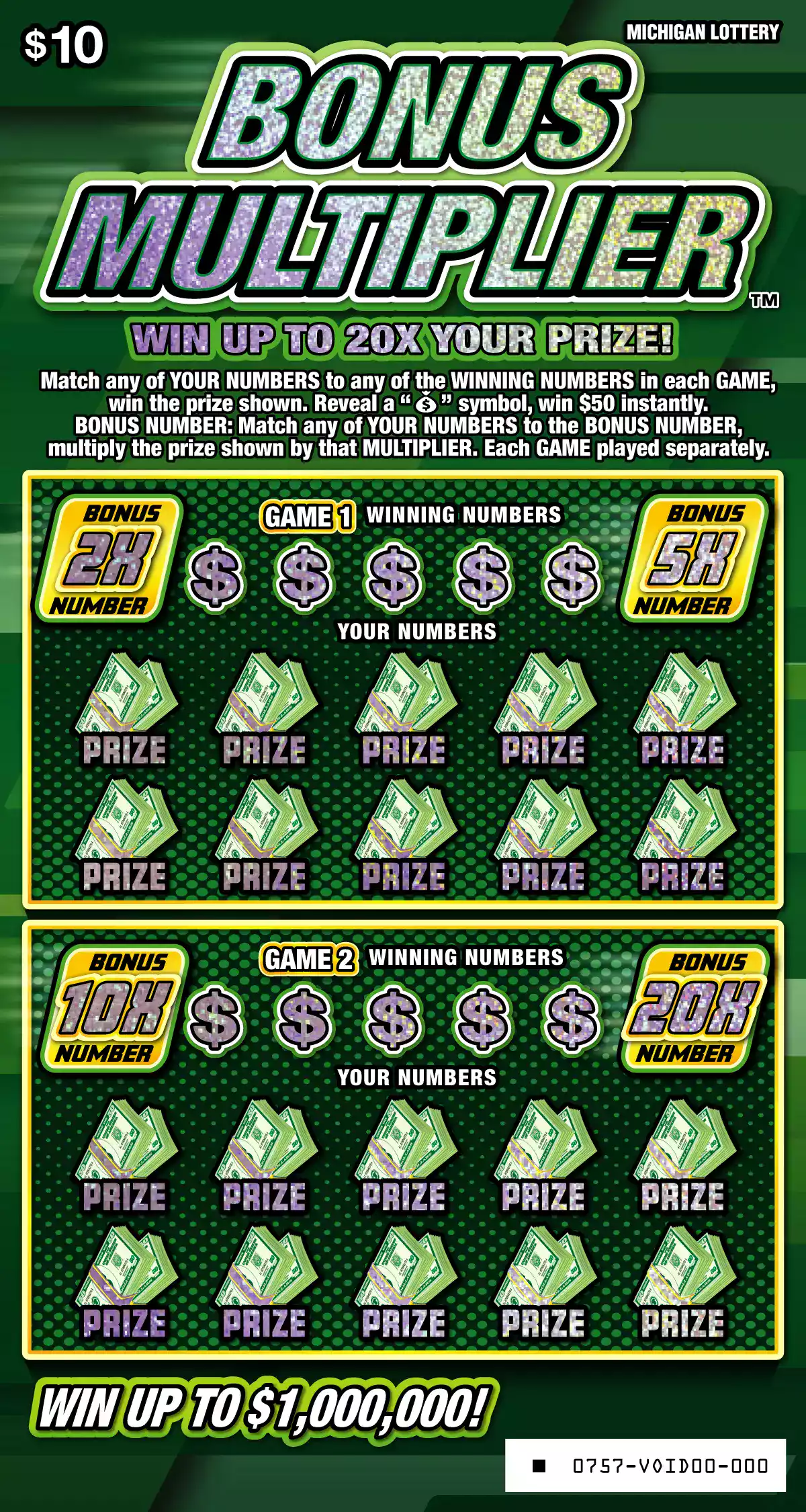 Michigan Lottery Bonus Multiplier Scratch-Off Ticket