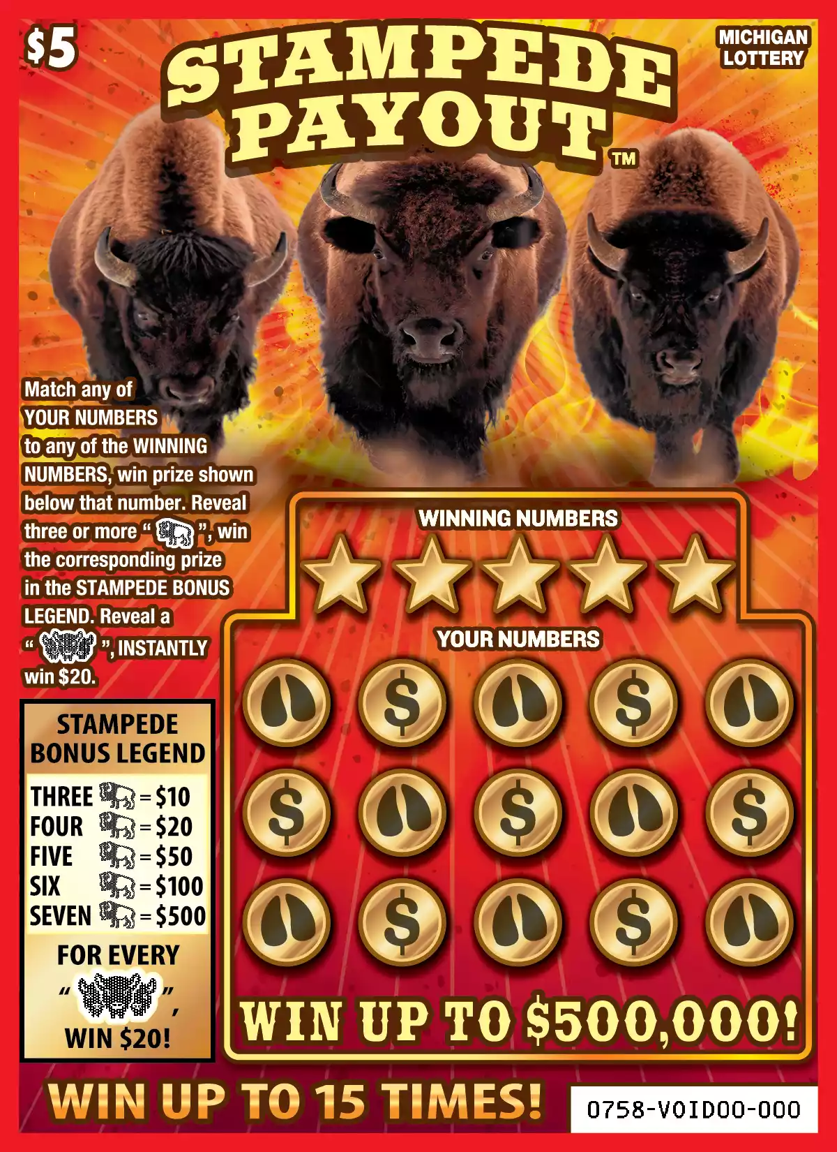 Michigan Lottery Stampede Payout Scratch-Off Ticket