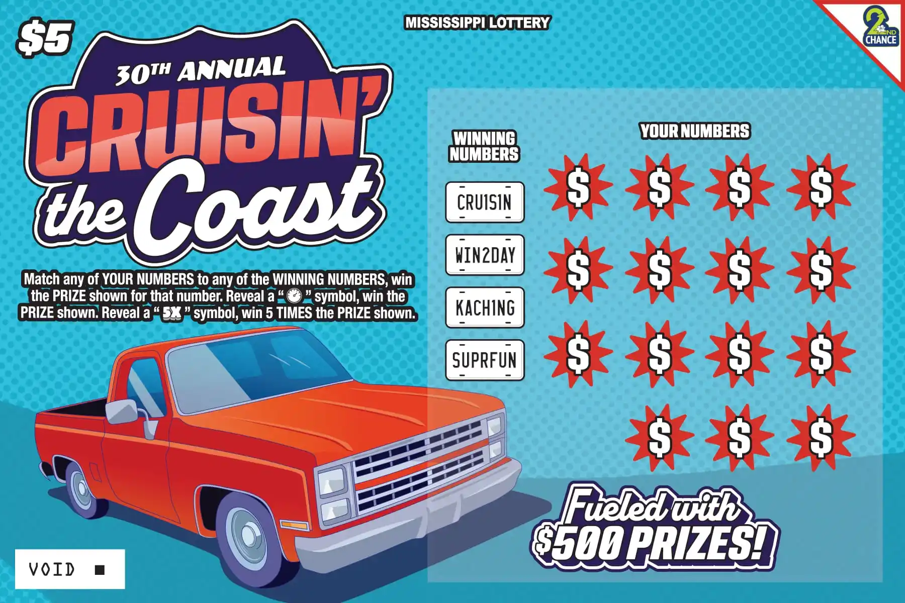 Mississippi Lottery 30th Annual Cruisin’ the Coast Scratch-Off Ticket