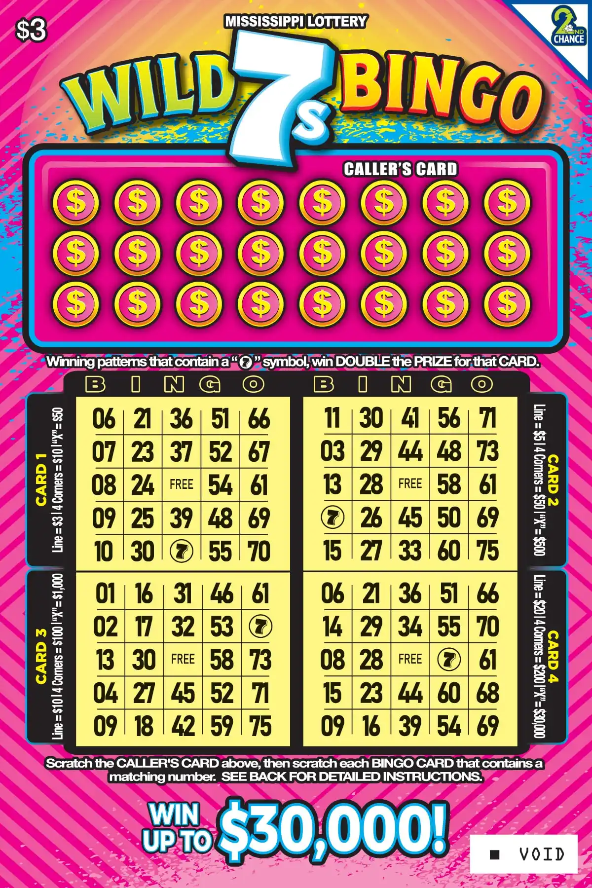 Mississippi Lottery Wild 7s Bingo Scratch-Off Ticket