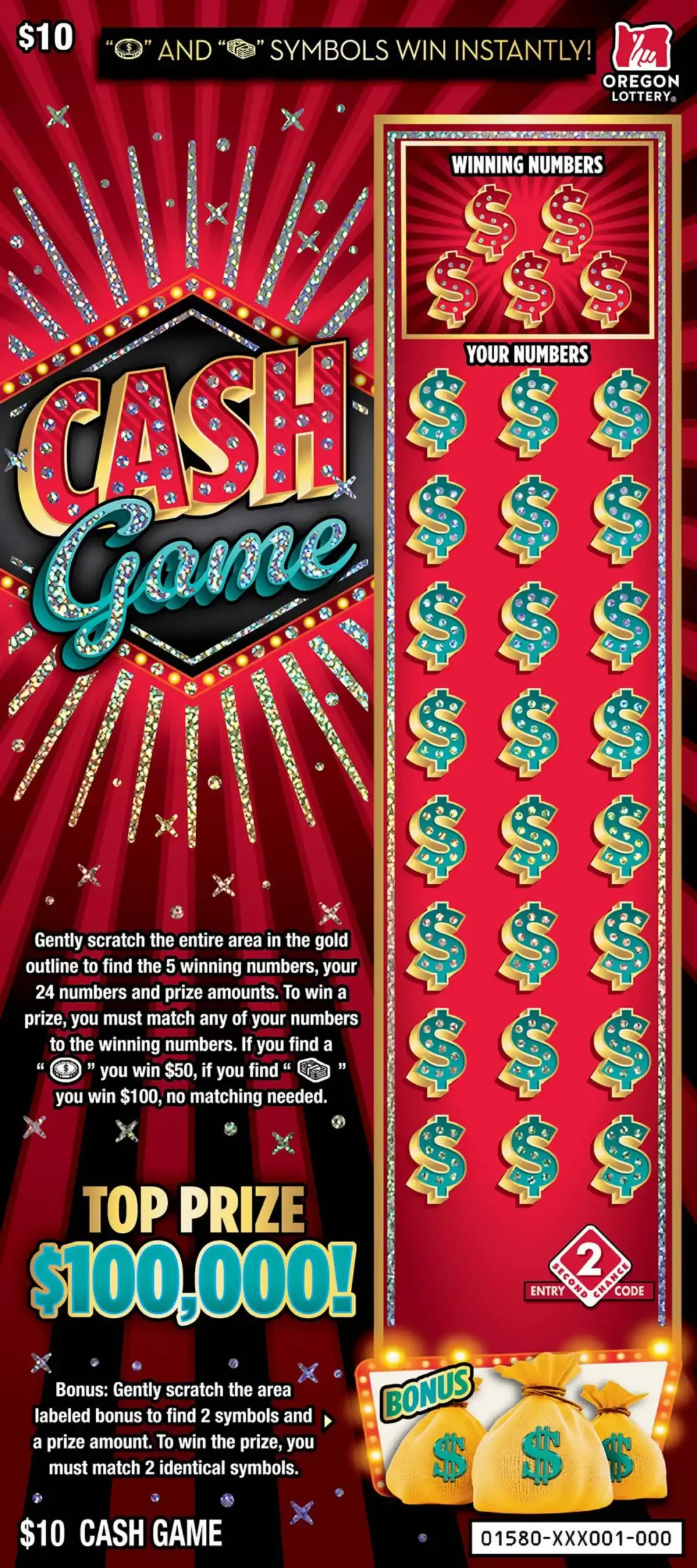 Oregon Lottery Cash Game Scratcher Ticket