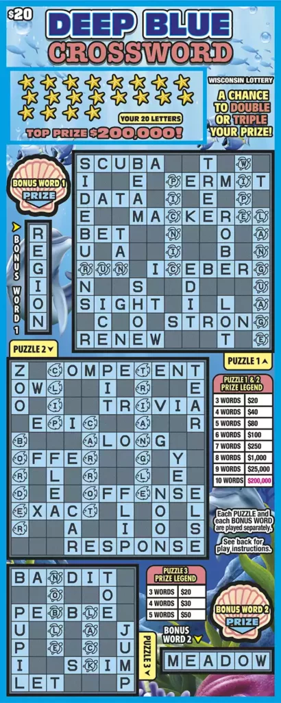 Wisconsin Lottery DEEP BLUE CROSSWORD Scratch-Off Game