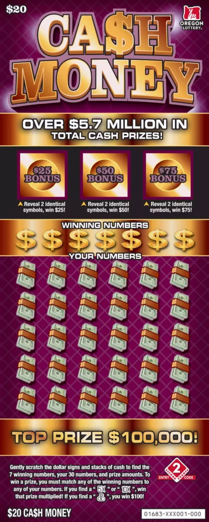 Oregon Lottery Cash Money Scratcher Ticket