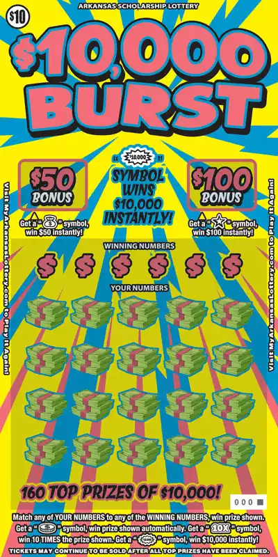 Arkansas Lottery $10,000 Burst Scratch-Off Ticket