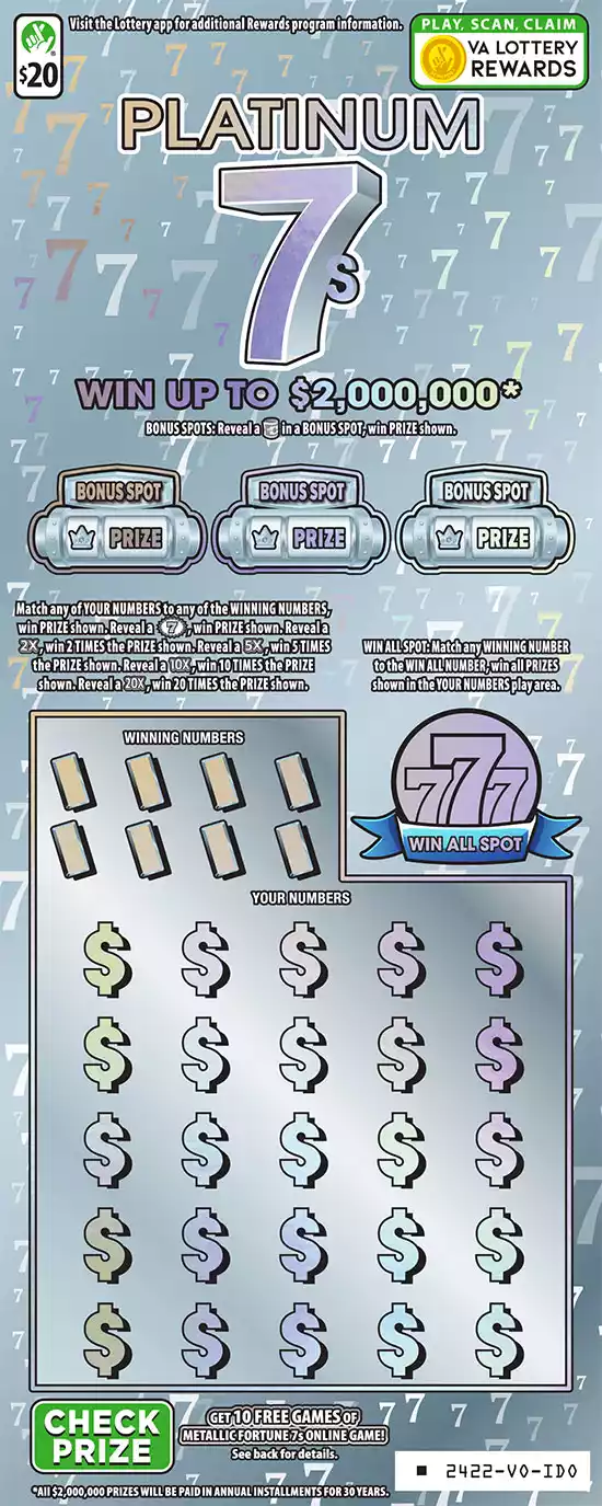 Virginia Lottery Platinum 7s Scratcher Ticket