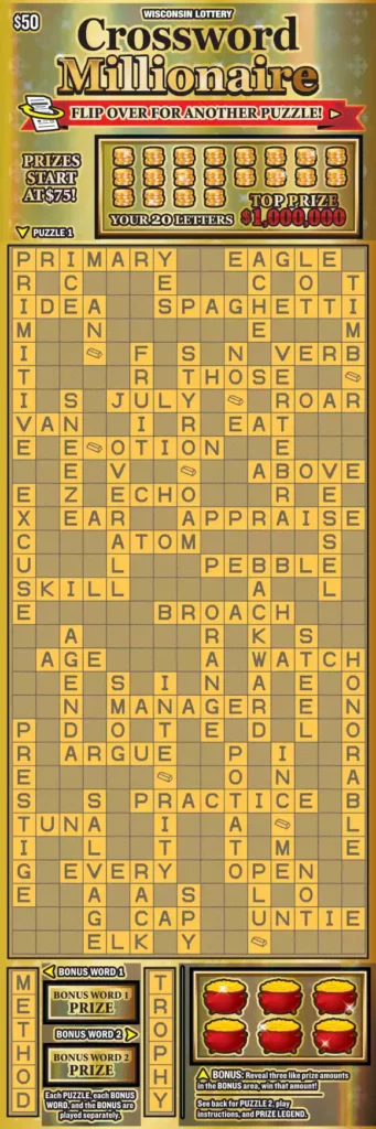 Wisconsin Lottery CROSSWORD MILLIONAIRE Scratch-Off Game