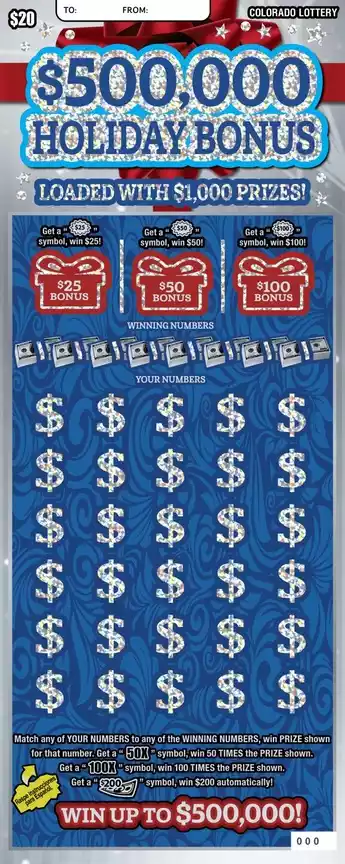 Colorado Lottery $500,000 HOLIDAY BONUS Scratch-Off Game