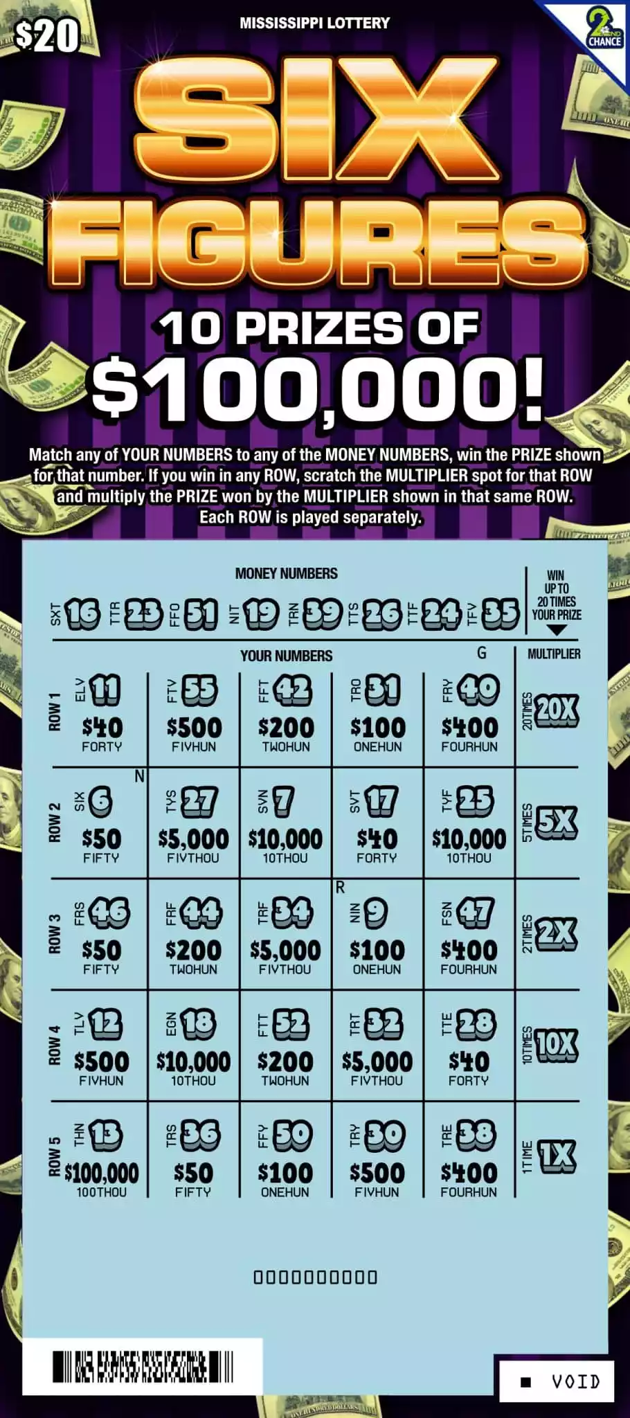 Mississippi Lottery Six Figures Scratch-Off Ticket