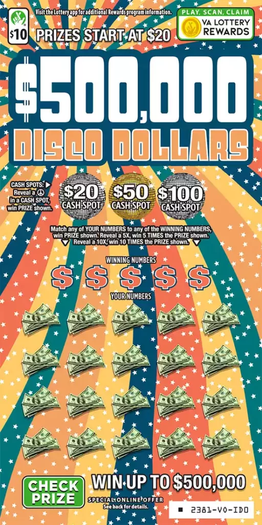 Virginia Lottery $500,000 Disco Dollars Scratcher Ticket